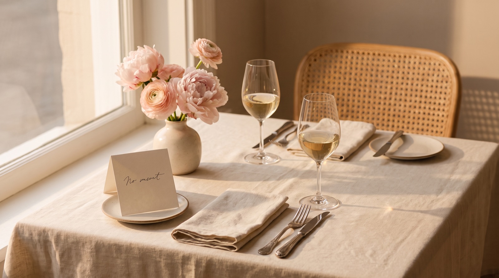 A table set for two with wine and peonies